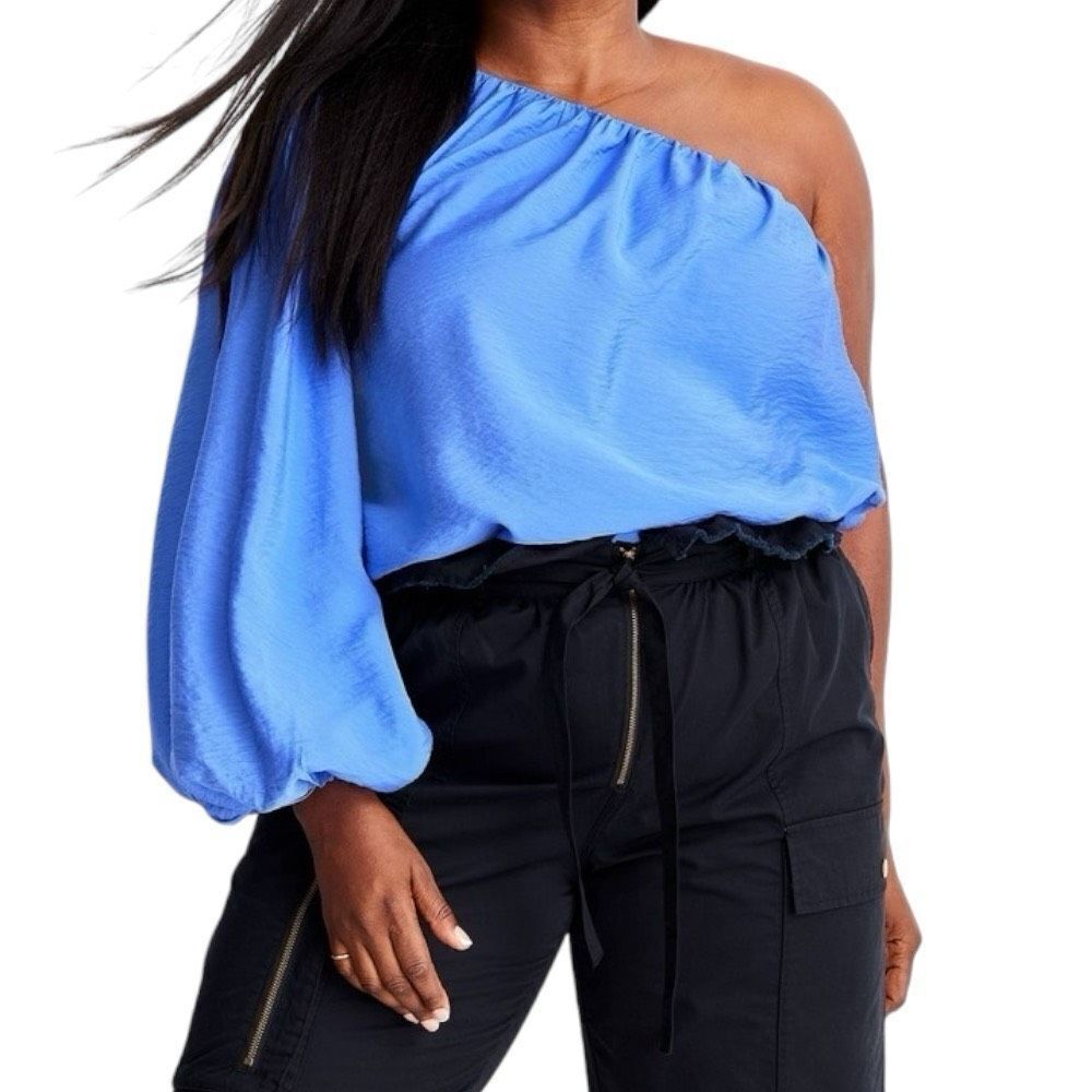 NEW Future Collective Balloon Sleeve Asymmetrical One Shoulder Top Blue XXL